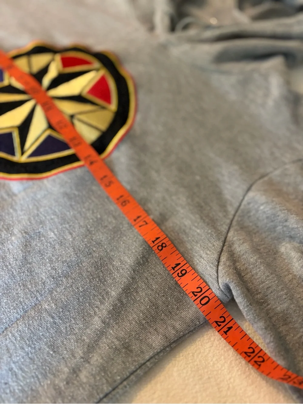 Captain Marvel Gray Crewneck Hoodie with Multicolor Embroidered Star Emblem  Lg - Picture 6 of 8